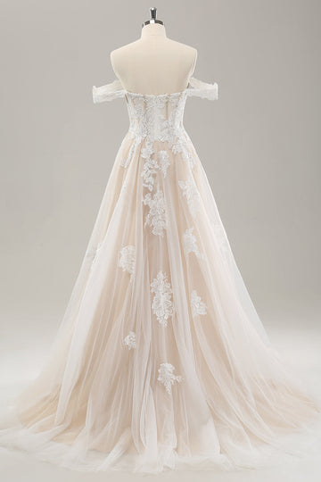 Prinsessa Vit Off The Shoulder Applique Tyll Bröllopsklänning med slits